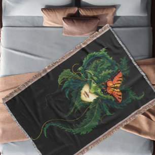 Enchanting Forest Dryad Woman Butterfly Fantasy Throw Blanket