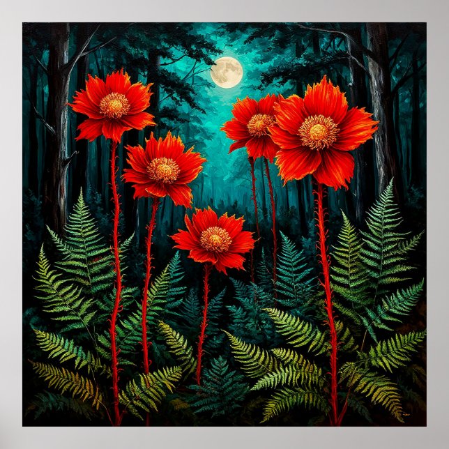 Enchanting Forest Scene Vibrant Red Flowers 🌺🌲 Poster (Front)