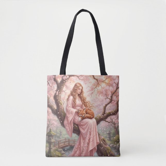 Enchanting Fox & Lady Under Cherry Blossoms Tote B Bag (Front)