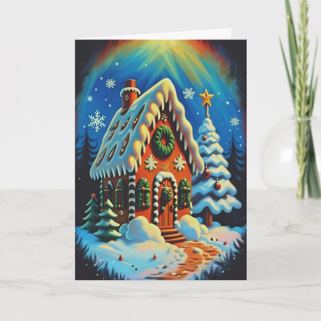 Enchanting Gingerbread House Winter Scene Holiday Card (Front)