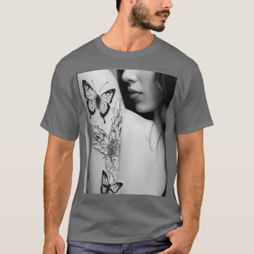 Enchanting Girl with Butterfly and Floral Design T T_Shirt