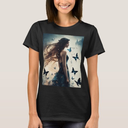 Enchanting Girl with Butterfly and Floral Design T T_Shirt