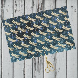 Enchanting Gold Dragonflies on Teal Blue Damask