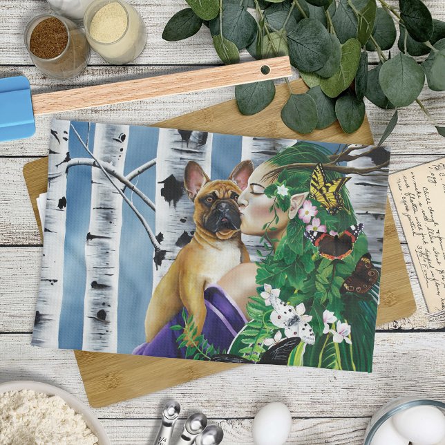Enchanting Green Fantasy French Bulldog Dryad Kitchen Towel (Creator Uploaded)
