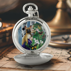 Enchanting Green Fantasy French Bulldog Dryad Pocket Watch