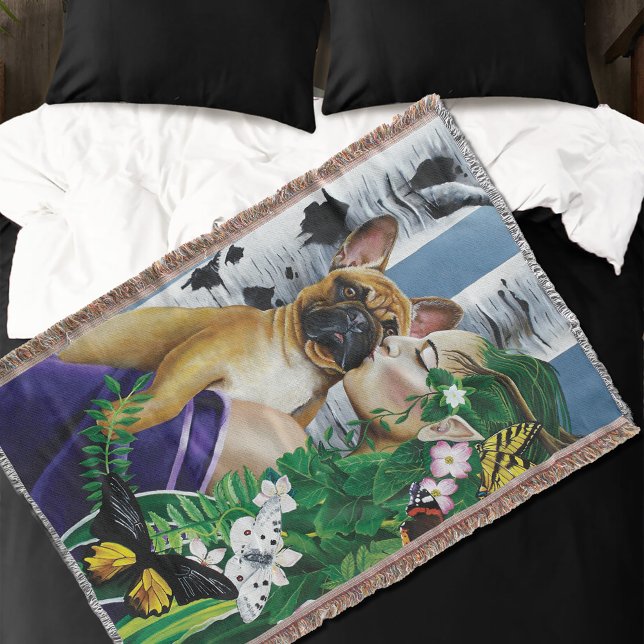 Enchanting Green Fantasy French Bulldog Dryad Throw Blanket (Creator Uploaded)