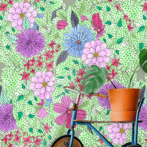 Enchanting Green Pink Purple Blue Garden Blooms  Wallpaper