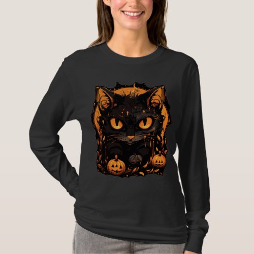 Enchanting Halloween Black Cat Among Pumpkins T_Shirt