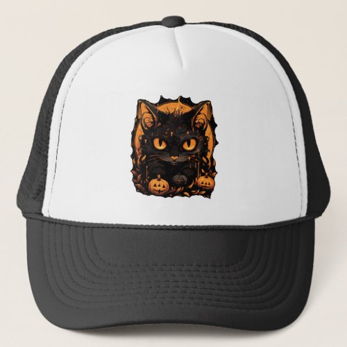 Enchanting Halloween Black Cat Among Pumpkins Trucker Hat