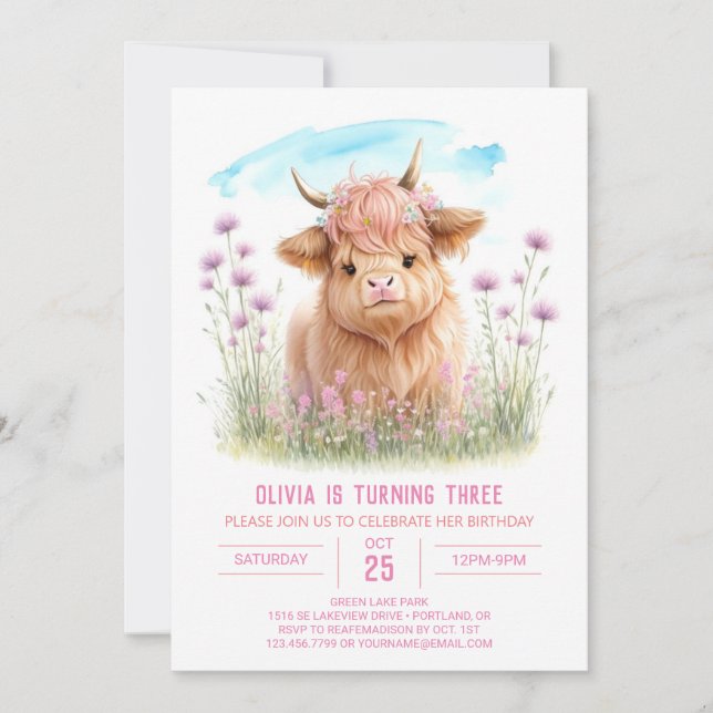 Enchanting Highland Cow Girl Birthday Invitation (Front)