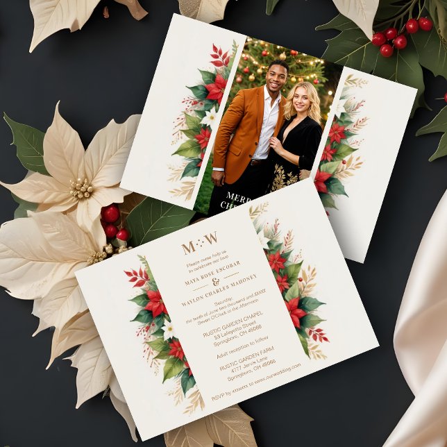 Enchanting Holly & Christmas Poinsettias Photo Invitation (Enchanting Holly Branches & Christmas Poinsettias Flowers Photo Faux Golden Wedding Invitations Card)