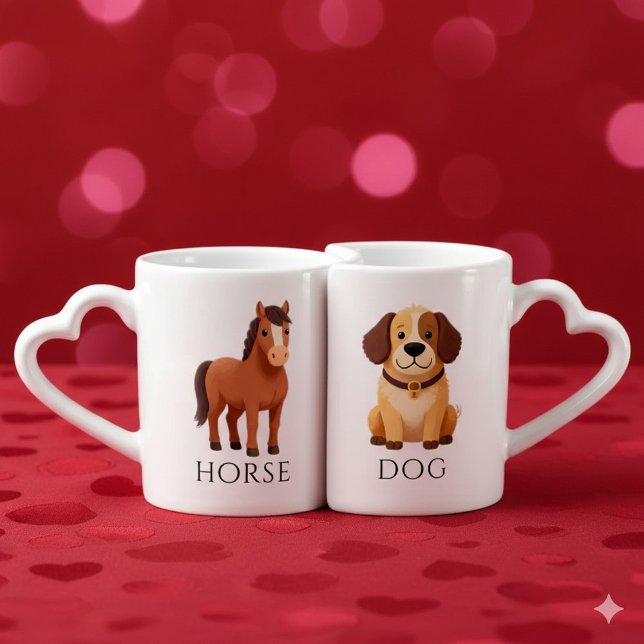 Enchanting Horse 馬 Dog 狗 Chinese Zodiac Coffee Mug Set (Whimsical Asian Horse and Dog Lovers' Nesting Mugs Cover Photo)