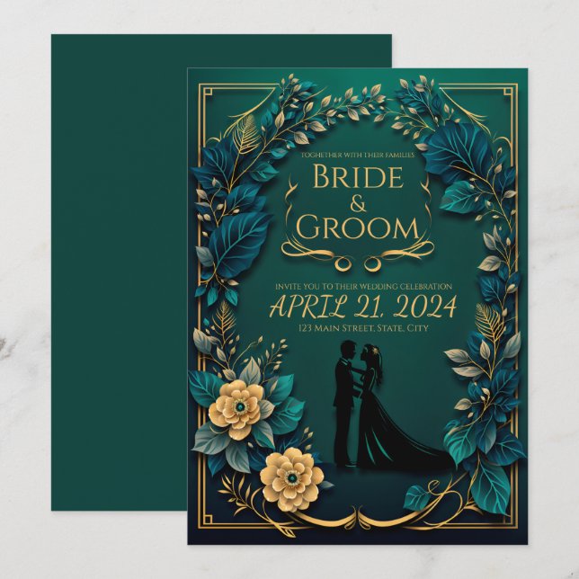 Enchanting Love: Emerald Green and Gold  Invitation (Front/Back)