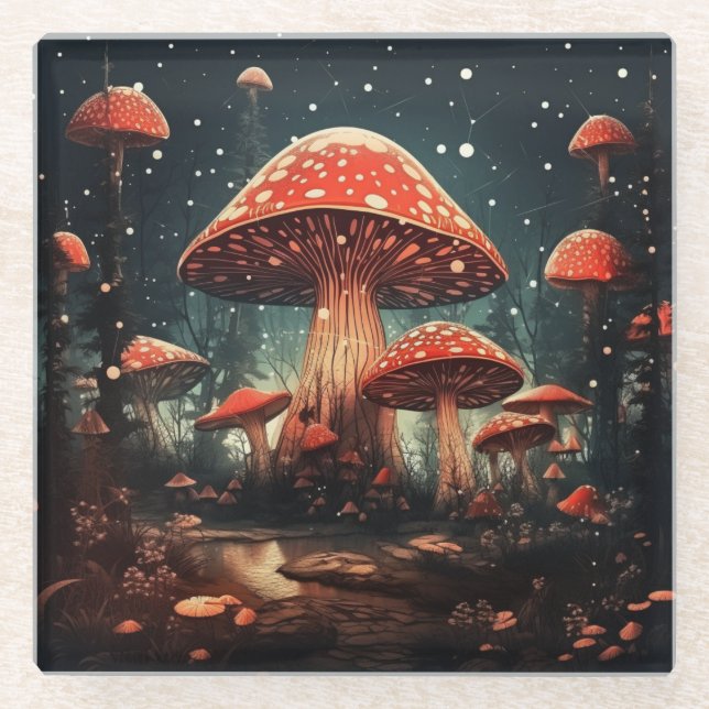 Enchanting Magic Fairy Mushroom Background Glass Coaster (Front)