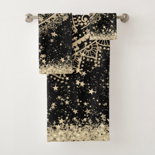 Enchanting Mandala with Gold Stars on Black Bath Towel Set