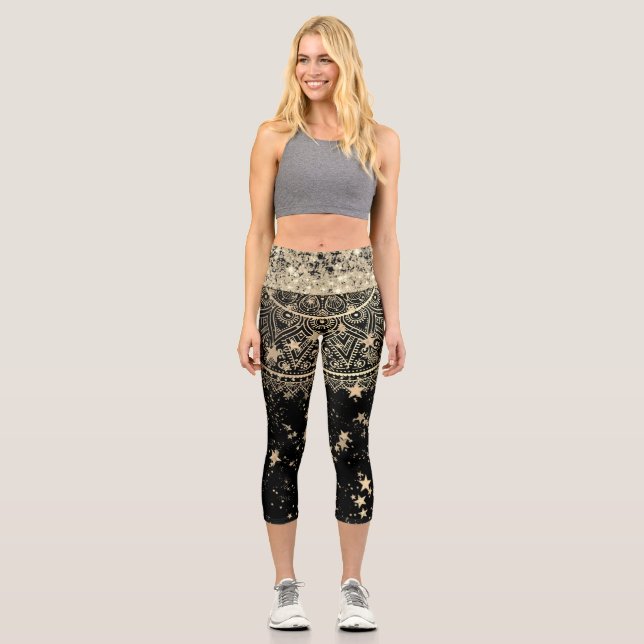 Enchanting Mandala with Gold Stars on Black Capri Leggings (Front)