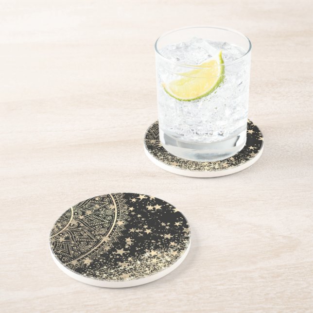 Enchanting Mandala with Gold Stars on Black  Coaster (Side)