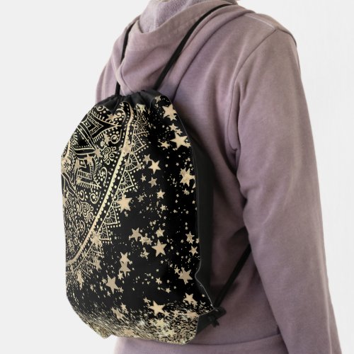 Enchanting Mandala with Gold Stars on Black  Drawstring Bag