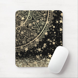 Enchanting Mandala with Gold Stars on Black        Mouse Pad