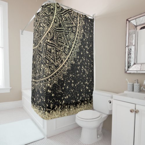 Enchanting Mandala with Gold Stars on Black Shower Curtain