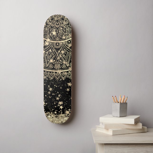 Enchanting Mandala with Gold Stars on Black Skateboard (Wall Art)