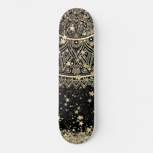 Enchanting Mandala with Gold Stars on Black Skateboard