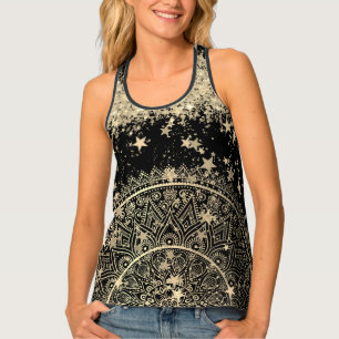 Enchanting Mandala with Gold Stars on Black Tank Top