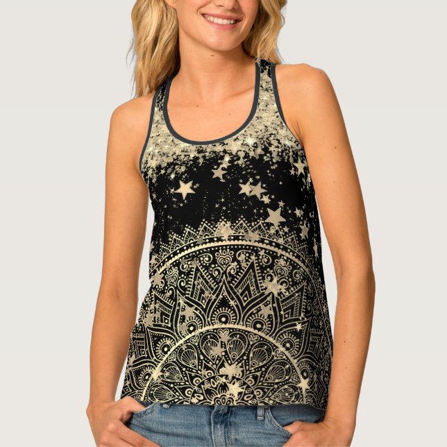 Enchanting Mandala with Gold Stars on Black Tank Top (Front)
