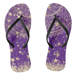 Enchanting Mandala with Gold Stars on Purple Flip Flops