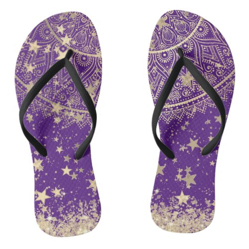 Enchanting Mandala with Gold Stars on Purple  Flip Flops