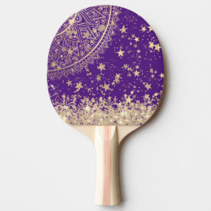 Enchanting Mandala with Gold Stars on Purple Ping Pong Paddle