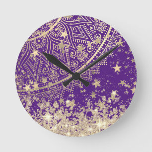 Enchanting Mandala with Gold Stars on Purple Round Clock