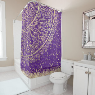 Enchanting Mandala with Gold Stars on Purple Shower Curtain