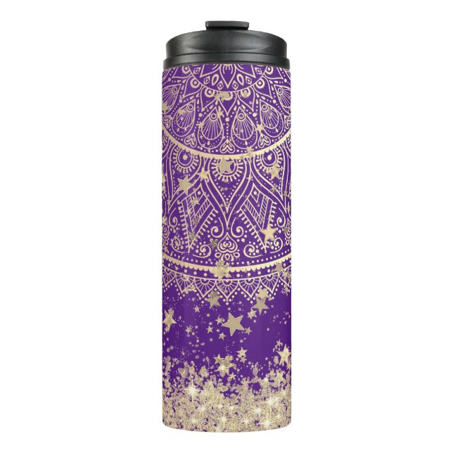 Enchanting Mandala with Gold Stars on Purple Thermal Tumbler (Front)