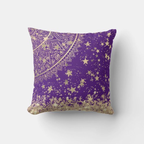 Enchanting Mandala with Gold Stars on Purple  Throw Pillow