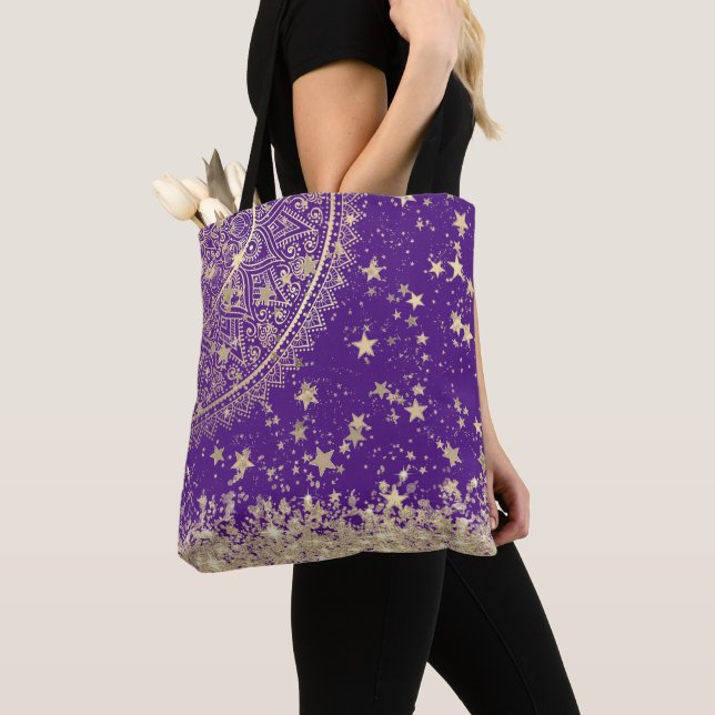 Enchanting Mandala with Gold Stars on Purple Tote Bag (Close Up)