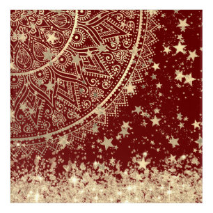 Enchanting Mandala with Gold Stars on Red Acrylic Print