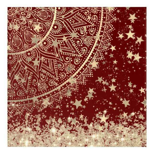 Enchanting Mandala with Gold Stars on Red   Acrylic Print (Front)