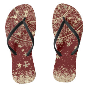 Enchanting Mandala with Gold Stars on Red Flip Flops