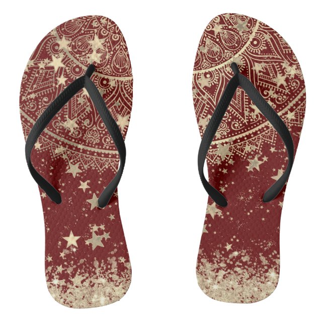 Enchanting Mandala with Gold Stars on Red Flip Flops (Footbed)