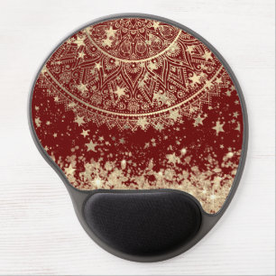 Enchanting Mandala with Gold Stars on Red Gel Mouse Pad