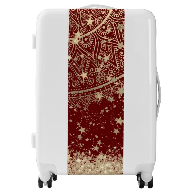 Enchanting Mandala with Gold Stars on Red Luggage (Front)