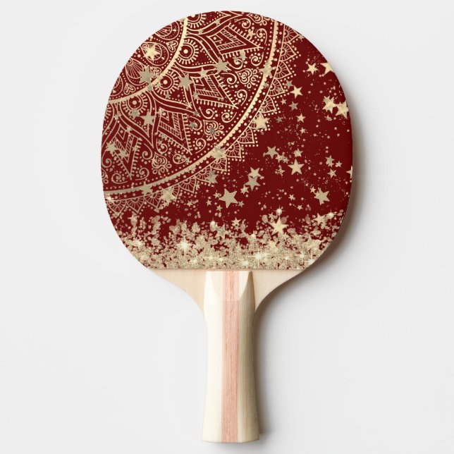 Enchanting Mandala with Gold Stars on Red  Ping Pong Paddle (Front)