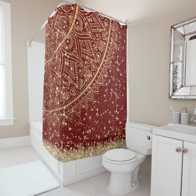 Enchanting Mandala with Gold Stars on Red Shower Curtain (In Situ)