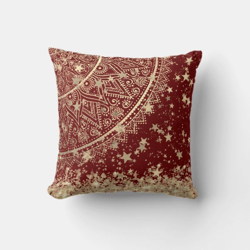 Enchanting Mandala with Gold Stars on Red  Throw Pillow