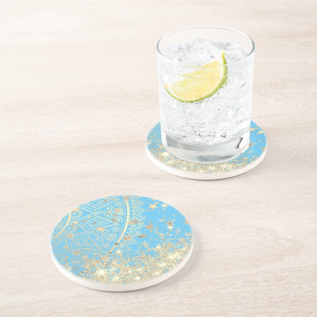 Enchanting Mandala with Gold Stars on Turquoise    Coaster (Side)