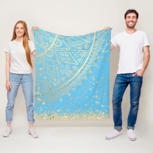 Enchanting Mandala with Gold Stars on Turquoise Fleece Blanket
