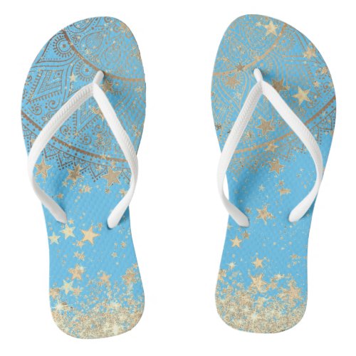 Enchanting Mandala with Gold Stars on Turquoise    Flip Flops