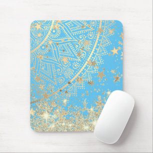 Enchanting Mandala with Gold Stars on Turquoise Mouse Pad