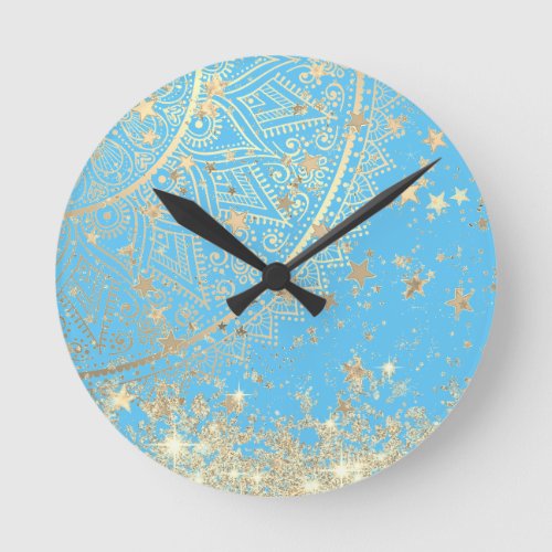 Enchanting Mandala with Gold Stars on Turquoise  Round Clock